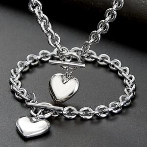 Sterling-Style Silver Heart Necklace & Bracelet Set - Women's Jewelry
